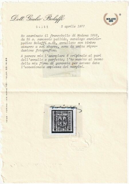 25 c. camoscio chiaro Sass 4 usato Cert.Giulio Bolaffi 1890 f. G.Bolaffi esteso Eccezionale