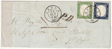 1862 22 Set 5+20 c. Sass 13Da+15E su sovrac. da Asola Pt.5 x Ostiglia f.Wolf Spl