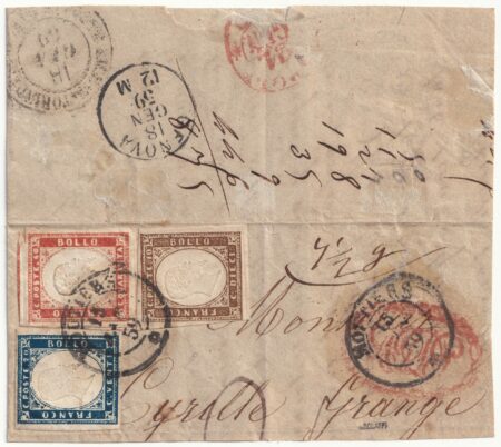 1859 15 Gen Tricolore 10+20+40 c. Sass 14+15Ab+16B su framm. da Montiers Pt.4 x Genova f.Bolaffi
