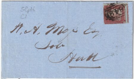 1854 7 Ago 1 p. Dent. Spsot. ONE PENNY in alto invece che in basso su bustina Cert.Bolaffi