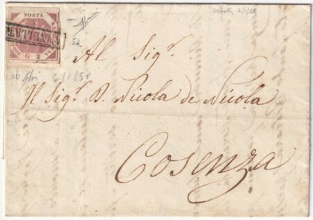 1858 6 Genn 2 gr. senza filigrana Sass 5b/v su lettera da Napoli x Cosenza f.Sorani Cv 8000