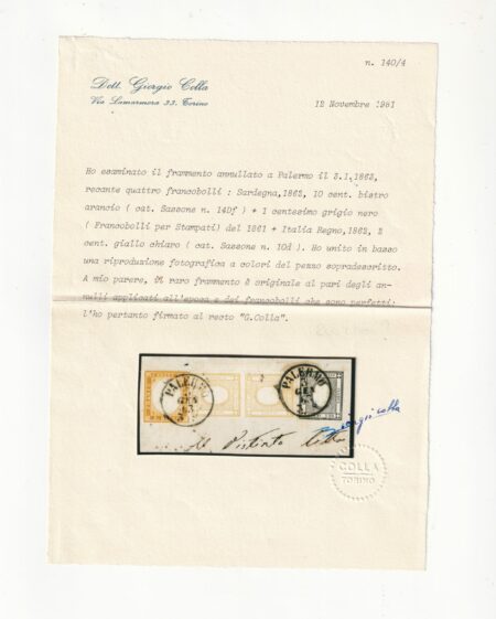 Tricolore Mista 10 c. + 2 c. coppia + 1 c. Sass 14Df+19+10d Cert.Colla+Ray Spl rara