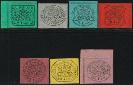 II^ Em. Serie di 7 valori dal 2 c. al 80 c. molto ben marginati integri molto rara lusso Certificati – Sassone n.13+15/2