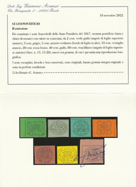 II^ Em. Serie di 7 valori dal 2 c. al 80 c. molto ben marginati integri molto rara lusso Certificati – Sassone n.13+15/2