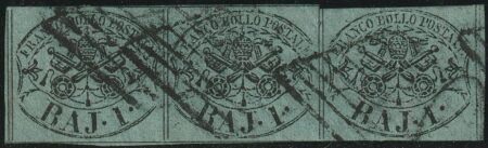 I Em. 1 b. verde scuro II Composizione striscia orizzontale di 3 Bdf usata periziata – Sassone n.2B