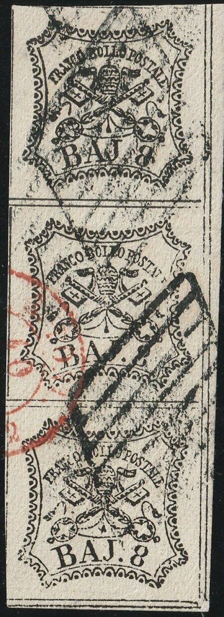 I^ Em. 8 b. striscia di 3 verticale Sass 2 usata ben marginata f. Chiav