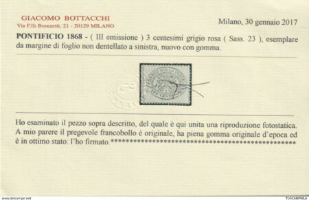 III Em. 3 c. grigio rosa Bdf centrato nuovo con piena gomma rarissimo Certificato – Sassone n.23