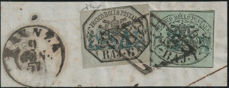 I Em. 1 + 6 b. usati su frammento con annullo azzurro di Russi Pt.12 raro periziato – Sassone n.2+7a