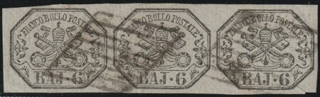 I^ Em. 6 b. striscia di 3 Sass 7 usata ben marginata f.AD