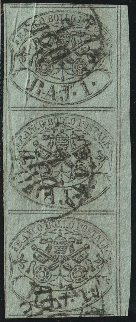 I Em. 1 b. gr. oleoso striscia verticale ampi margini Bdf con leggera pli d’accordeon rara periziata – Sassone n.2b