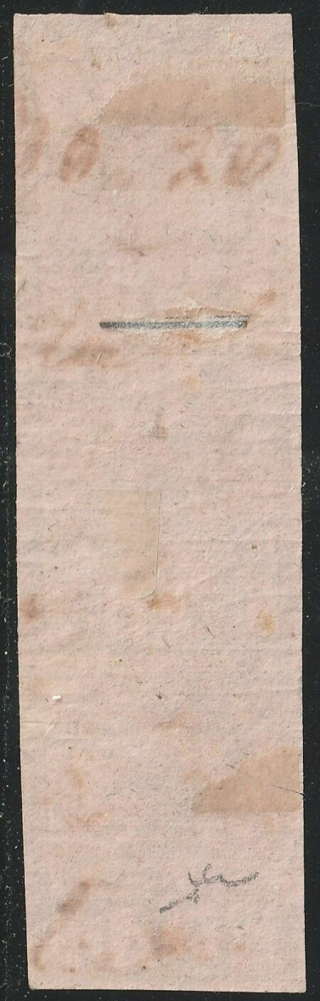 I^ Em. 5 b. striscia di 3 verticale Sass 2 usata ben marginata f. Chiav