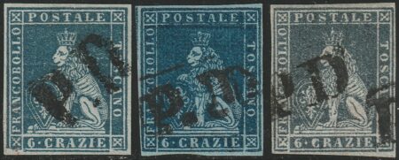 I^ Em. Serie di 3 valori di tinte diverse del 6 cr. Sass 7+7a+7d usati grandi margini tutti annullo PD lusso