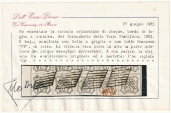 I^ Em. 8 b. striscia di 5 Sass 9 Bdf usata Cert.ED rara e Spl