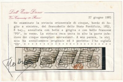 I^ Em. 8 b. striscia di 5 Sass 9 Bdf usata Cert.ED rara e Spl