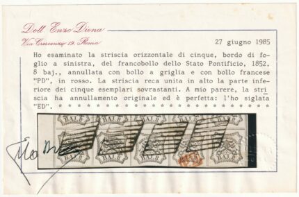 I^ Em. 8 b. striscia di 5 Sass 9 Bdf usata Cert.ED rara e Spl