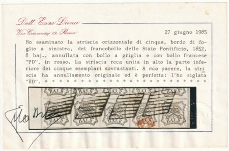 I^ Em. 8 b. striscia di 5 Sass 9 Bdf usata Cert.ED rara e Spl